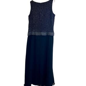 Chadwick’s 18W Beaded Sleeveless Formal Gown – Navy Sparkle Top Chiffon Skirt